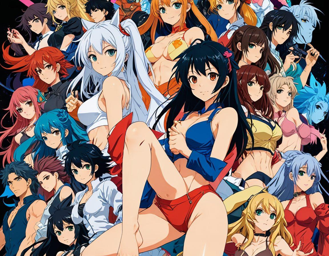 A colorful and dynamic collage featuring iconic elements of anime and hentai artistry. Showcase a blend of characters, both playful and sensual, set against vibrant fantasy backgrounds that reflect a variety of themes from adventure to romance. Include subtle hints of adult gaming elements, like joysticks and vibrant game graphics, to emphasize the gaming aspect. The overall mood should be whimsical yet provocative, inviting viewers to dive into the world of hentai. illustration. vibrant colors. fantasy style.